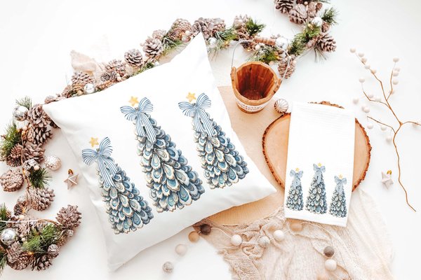 Blue Oyster Shell Christmas Tree Pillow and Towel