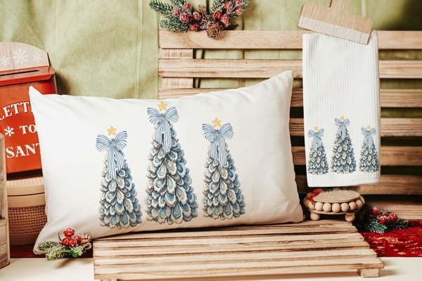 Blue Oyster Shell Tree Trio Lumbar Pillow and Towel