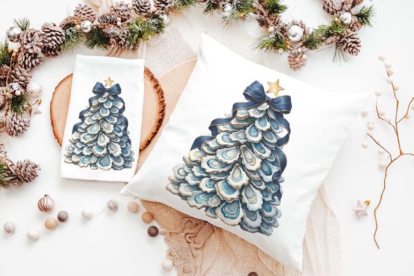 Navy Bow Oyster Shell Christmas Tree Pillow and Towel