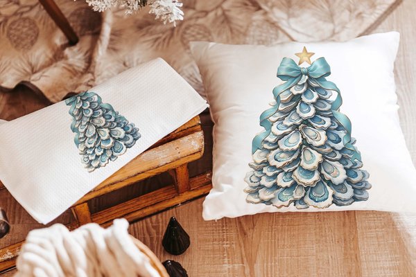 Aqua Bow Oyster Shell Christmas Tree Pillow and Towel