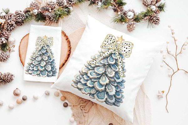 Patterned Bow Oyster Shell Christmas Tree Pillow and Towel