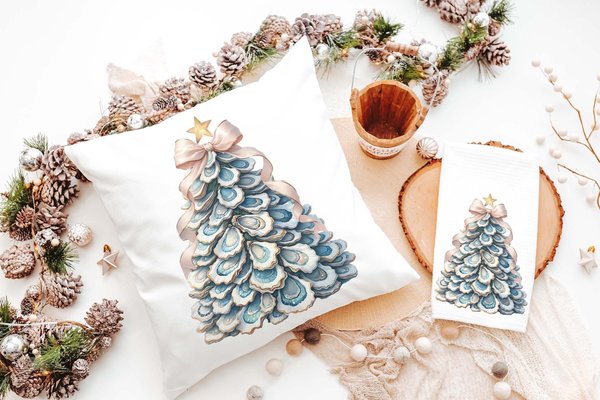 Pale Pink Bow Oyster Shell Christmas Tree Pillow and Towel