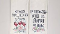 i'm outdoorsy i drink wine on the patio wine kitchen towel funny kitchen sayings dish towels, wine gifts for women, wine Christmas gifts for