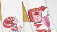 1950s inspired retro kitchen towels for mom, 50s diner decor, cute dish towels for drying dishes, sock hop decor, trendy Mothers day gifts