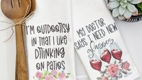 i'm outdoorsy i drink wine on the patio wine kitchen towel funny kitchen sayings dish towels, wine gifts for women, wine Christmas gifts for