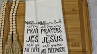 wash your hands and say your prayers funny bathroom hand towels, powder room decor, Christian humor James 4 8 Bible verse gifts for women