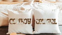 cowboy and cowgirl throw pillows for couch, country western wedding gift for couple, his and hers gifts, mr and mrs pillows, southwestern