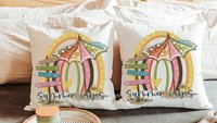 summer vibes throw pillows for couch, beach house decor for kitchen, summer decor for home, beachy rainbow kitchen hand towels, 70s inspired