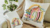 summer vibes throw pillows for couch, beach house decor for kitchen, summer decor for home, beachy rainbow kitchen hand towels, 70s inspired