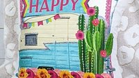 happy camper throw pillow for couch, boho camper decor, glamping gifts, floral cactus decor, RV accessories for inside, van life gifts, best