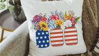 American flag mason jar red white and blue throw pillow covers for chair, 4th of July floral throw pillows for bench, patriotic decor for