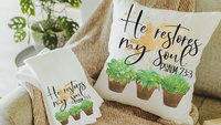 he restores my soul succulent throw pillow for bedroom, Psalm 23 gift, Bible verse throw pillow covers 18 x 18, Christian gifts for sister