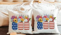 American flag mason jar red white and blue throw pillow covers for chair, 4th of July floral throw pillows for bench, patriotic decor for