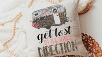 get lost in the right direction inspirational throw pillows for couch, summer road trip RV decorations for inside, glamping bachelorette