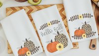 hello fall kitchen towel set, leopard pumpkin decor, sunflower gifts for Mom, new apartment gift for her, fall decorations for home, October