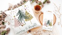 merry and bright kitchen towels for Christmas, blush pink Christmas tree hand towels for church, trending Christmas gifts for neighbors