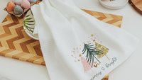 merry and bright kitchen towels for Christmas, blush pink Christmas tree hand towels for church, trending Christmas gifts for neighbors