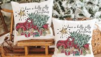 have a holly jolly Christmas throw pillows for couch, red truck Christmas kitchen towels for friends, Christmas gifts for new homeowners
