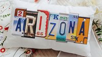 custom license plate state throw pillows for couch, realtor closing gift for buyers, Arizona gifts, bungalow decor, moving away gift for