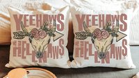 yeehaws and hellnaws boho throw pillows for couch, college dorm decor for girls, southwestern decor for home, floral skull dorm pillows for