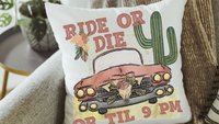 ride or die boho throw pillows for couch, southwestern decor for home, dorm pillows for college girls, pink floral throw pillow, plant mom
