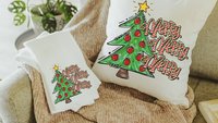 merry merry merry Christmas throw pillows for sofa, cute Christmas tree Christmas kitchen towels, fun Christmas hostess gifts for women