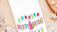 merry and bright Christmas kitchen towels for gifts, colorful Christmas hand towels for bathroom, stocking stuffers for her, pink Christmas