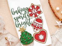 baking spirits bright Christmas kitchen towels, baking gifts for women, Christmas cookie baking crew kitchen hand towels, yankee swap gifts