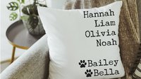 personalized family names throw pillow for couch, pet name pillow, unique wedding gifts for couple, dog parents gift, modern farmhouse decor