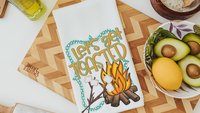 lets get toasted smores and campfire fall kitchen hand towel, camping gifts for women, pie puns funny kitchen towels for mom, baking gifts
