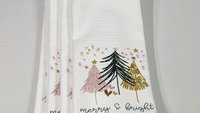 merry and bright kitchen towels for Christmas, blush pink Christmas tree hand towels for church, trending Christmas gifts for neighbors