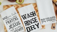 wash your hands and say your prayers funny bathroom hand towels, powder room decor, Christian humor James 4 8 Bible verse gifts for women