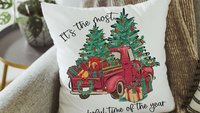 its the most wonderful time of the year Christmas throw pillow for sofa, red truck Christmas decor for home, whimsical Christmas gifts for
