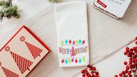 merry and bright Christmas kitchen towels for gifts, colorful Christmas hand towels for bathroom, stocking stuffers for her, pink Christmas