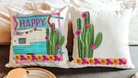happy camper throw pillow for couch, boho camper decor, glamping gifts, floral cactus decor, RV accessories for inside, van life gifts, best
