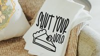 shut your pie hole funny kitchen towels, sarcastic gifts for women, sassy kitchen hand towels, baking gifts for her, snarky home decor, best