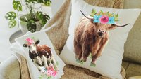 floral cow kitchen towel & highland cow throw pillow for sofa new home gift set for her, boho cow decor, cow gifts for cow lovers, cute cow
