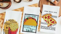 I speak fluent french fries funny kitchen towels, foodie gift, taco kitchen hand towels, fiesta kitchen decor, pizza gifts for her, taco