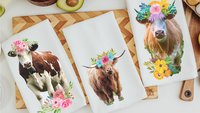 floral cow kitchen towel & highland cow throw pillow for sofa new home gift set for her, boho cow decor, cow gifts for cow lovers, cute cow