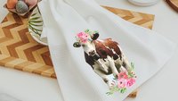 floral cow kitchen towel & highland cow throw pillow for sofa new home gift set for her, boho cow decor, cow gifts for cow lovers, cute cow