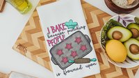 I bake because punching people is frowned upon towels, baking bridal shower kitchen gifts, funny baking kitchen towels, baker gift for women