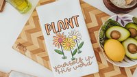 plant yourself in His word colorful daisy kitchen towel for friends, daisy gifts for women, Christian kitchen decor for Mom, adult baptism