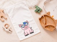 CapableByDesign pig baby bodysuit, bib, peanut burp cloth, and carry with me lovey blanket