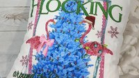 flocking around the Christmas tree flamingo pillow, beach Christmas gifts for best friend, secret Santa gifts for women, Christmas hostess