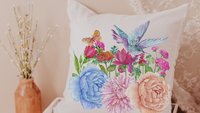 hummingbird throw pillow for Spring decor for home, hummingbird gifts for mom, trendy Mothers day gifts for step mom, wildflower throw