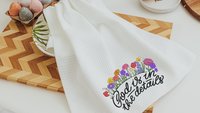 pray more worry less floral kitchen towels for Mom, inspirational Christian kitchen decor, godmother gifts from goddaughter, wildflower dish