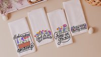 pray more worry less floral kitchen towels for Mom, inspirational Christian kitchen decor, godmother gifts from goddaughter, wildflower dish