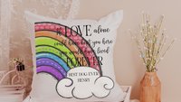 personalized dog rainbow bridge throw pillow for couch, remembrance pillow for sofa, grieving dog loss sympathy gift for women, loss of dog
