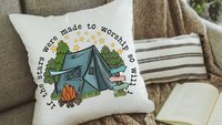 made to worship under the stars camping throw pillow for bench, Christian gifts for home, RV accessories for inside, camper decor pillow