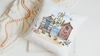 at the beach summer throw pillows for sofa, coastal decor beach house gift, sunroom decor, nautical throw pillow cover 18 x 18 covered porch